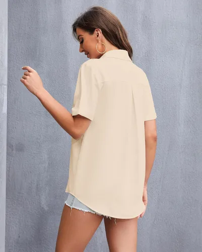 Miniatura 4 de YAMANMAN Women's Button Down Shirt Work Short Sleeve Collared Blouse Classic Loose Tops Office Chiffon Blouse