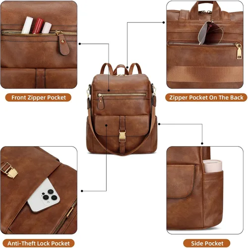 Miniatura 4 de KKXIU Mochila de cuero para mujer, B- marrón, Mediana, Moda