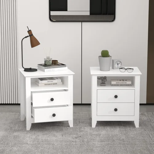 Mesita de noche blanca con 2 cajones y estante abierto, mesa auxiliar de mediados de siglo y patas de metal, espacio pequeño, dormitorio, sala de