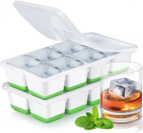 Bandejas grandes para cubitos de hielo con tapa, paquete de 2 moldes apilables de silicona para congelador, fácil liberación, 16 bandejas de hielo