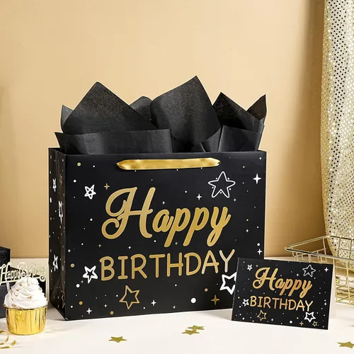 Miniatura 4 de WRAPAHOLIC Bolsa de regalo de cumpleaños grande de 13 pulgadas con tarjeta y papel de seda, bolsas de papel con letras de estrella negra y feliz