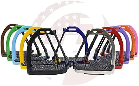 Miniatura 2 de 4, 4.25, 4.50, 4.75, 5 pulgadas, estribos de caballo de pavo real color arcoíris de seguridad ecuestre de hierro para adultos y niños