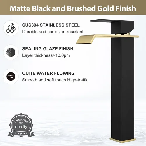 Miniatura 2 de Grifo de Lavabo Negro y Dorado, Grifo de Baño Alto de Un Solo Agujero, Hecho de Acero Inoxidable SUS304 Moderno, Incluye Drenaje Desplegable
