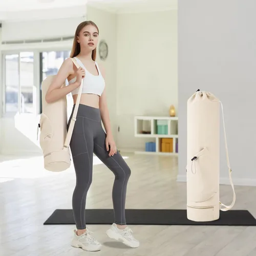 Miniatura 6 de sportsnew Bolsa para esterilla de yoga con bolsillo para botella de agua y bolsillo inferior para artículos mojados, bolsa de transporte para Beige