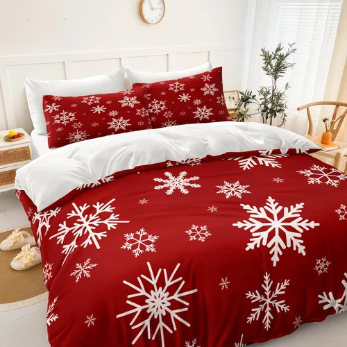 Miniatura 3 de Juego de ropa de cama de Navidad con funda de edredón de copos de nieve, color blanco y rojo, con estampado navideño, juego de ropa de cama festiva