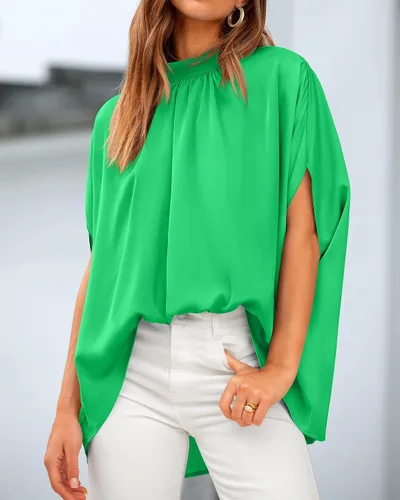 Miniatura 47 de BTFBM Blusas de verano para mujer, cuello alto falso, manga murciélago, holgadas, dobladillo alto y bajo, blusas informales de gran