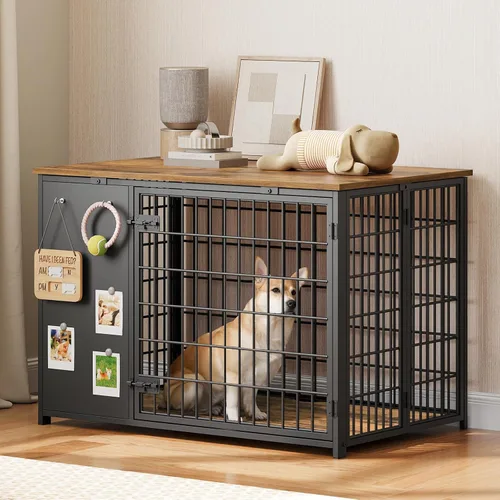 Miniatura 7 de YATINEY Mueble de jaula para perros plegable, jaula para perros con marco DIY, perrera para perros de interior resistente con ganchos, mesa auxiliar