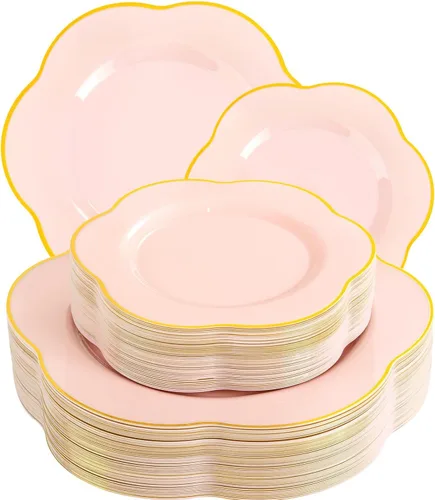 Miniatura 17 de Liacere 100 platos de plástico dorados, platos desechables de purpurina dorada para aperitivos, platos de ensalada/postre de plástico de alta