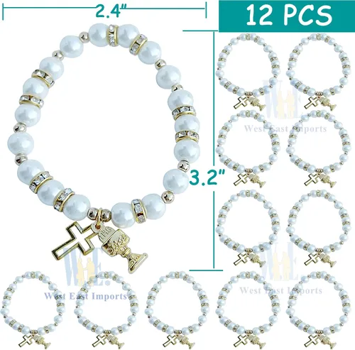 Miniatura 2 de 12 pulseras de perlas elásticas para la primera comunión con cáliz de metal dorado y dijes de cruzrecuerdos para la primera comunión