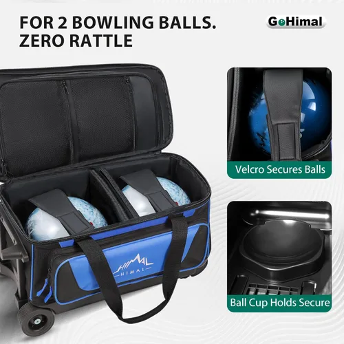 Miniatura 3 de GoHimal Bolsa de bolos de doble rodillo para 2 bolas con compartimento separado para zapatos de boliche (hasta talla 15 de hombre de EE. UU.)