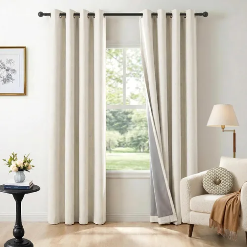 Miniatura 32 de 100% Blackout Shield Cortinas opacas de lino para dormitorio de 45 pulgadas de largo, cortinas beige con ojales para sala de estar, cortinas