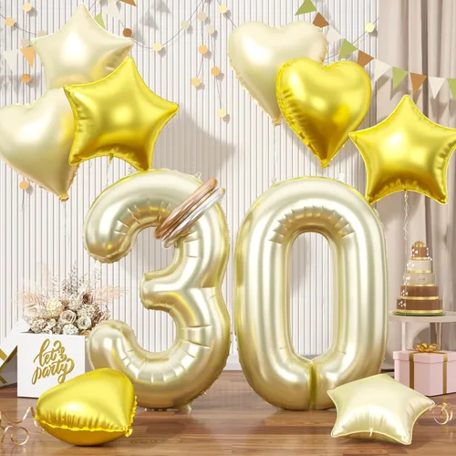 Miniatura 25 de Globos dorados de color champán con el número 11, globos de oro claro, globo de aluminio dorado con forma de corazón con estrella y globo largo