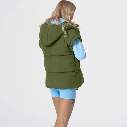 Miniatura 20 de Shiyifa Chaleco acolchado para mujer, chaqueta de gran tamaño, sin mangas, ligera, con cremallera, con capucha desmontable