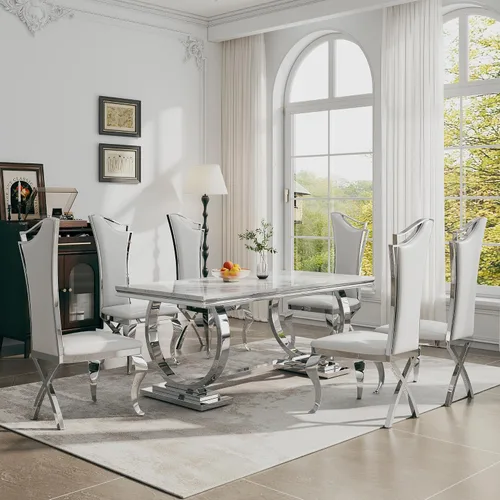 Miniatura 12 de Juego de mesa de comedor de 7 piezas, mesa de cocina de lujo de mármol sintético blanco de 70 pulgadas y 6 sillas copetudas de terciopelo beige