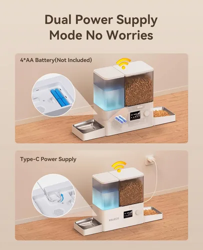 Miniatura 8 de Rojeco Comedero automático para gatos de 36 tazas/8.5L con WiFi y dispensador de agua por gravedad, tazones de acero inoxidable 2 en 1 de gran Blanco