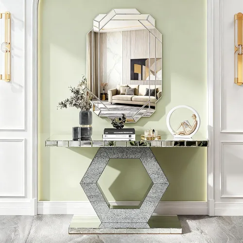 Miniatura 18 de Mesa Consola Negra con Espejo, Mesa de Sofá de Cristal Rectangular de 48 pulgadas con Elementos Tallados Vintage con Espejo, Muebles de Espejo