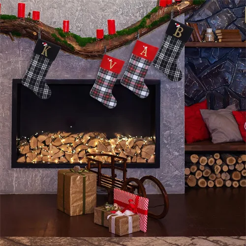 Miniatura 5 de Calcetines de Navidad personalizados con monograma inicial, adornos colgantes, medias clásicas de cuadros negros de 19 pulgadas, decoraciones