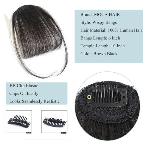 Miniatura 2 de MOCA HAIR 100 % cabello humano con clip en flequillo, color negro y marrón claro, cabello humano real para cabello natural