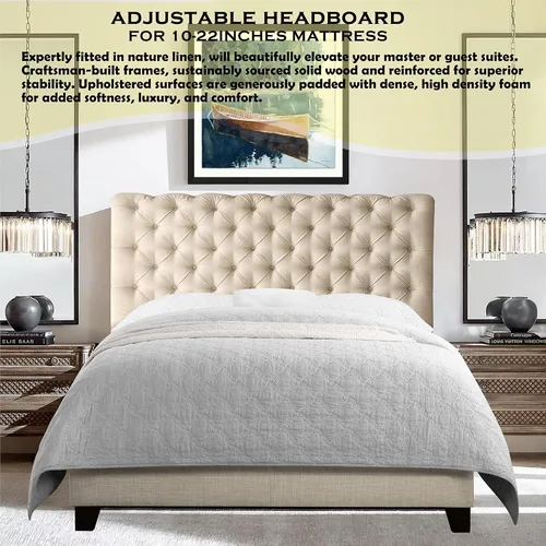 Miniatura 2 de Rosevera Corrine - Base de cama tapizada con cabecero acolchado con botones, cabecera ajustable, cabecera enrollada, soporte de listones de madera