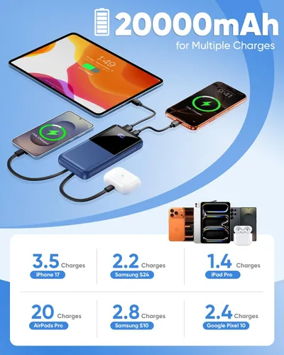 Miniatura 3 de Cargador portátil de batería de 20000 mAh, 22.5 W, cable integrado de carga rápida, cargador de teléfono portátil para iPhone, todos los modelos