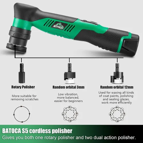 Miniatura 3 de BATOCA S5 Pulidora de búfer para automóvil sin cable, máquina pulidora de acción dual y rotativa, almohadillas de pulido de 1/2/3 pulgadas