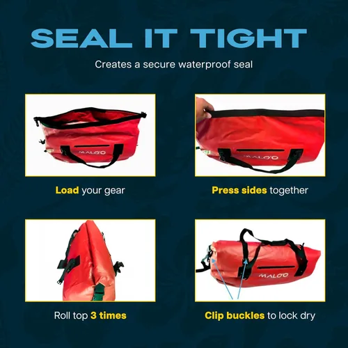 Miniatura 5 de Bolsa de lona impermeable seca Malo’o, bolsa de equipo resistente enrollable con tapa superior impermeable y correas Molle, bolsa marina para kayak