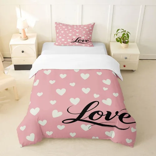 jejeloiu Juego de ropa de cama de corazón rosa tamaño individual para niños, niñas, adolescentes, día de San Valentín, funda de edredón linda funda