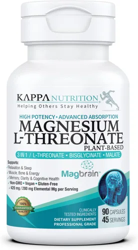 Kappa Nutrition potenciado por Magbrain™ Magnesio L-treonato a base de plantas, 420 mg de magnesio elemental (3 cápsulas) de 2.253 mg, 90 cápsulas