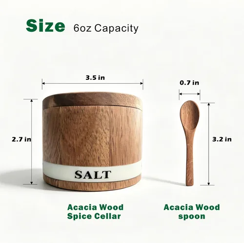 Miniatura 6 de ThougrLyh Bodega de sal, recipiente de sal de madera de acacia con tapa y cuchara, etiqueta de caja de sal grabada desmontable y cierre magnético