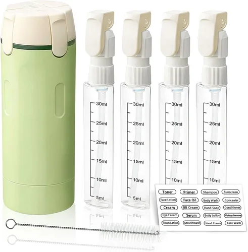 Botella dispensadora de viaje 4 en 1 con cepillo de limpieza, paquete de 4 recipientes de 1.0 fl oz a prueba de fugas recargables para artículos de