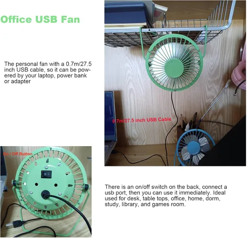 Miniatura 5 de Sokelinn-six Ventilador de escritorio USB pequeño de 4 pulgadas, mini ventilador de enfriamiento personal silencioso de metal para el hogar, Verde