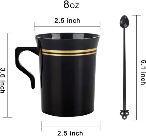 Miniatura 2 de Nervure Paquete de 60 tazas de café de plástico negro con 60 agitadores de café negros, tazas de café desechables de 8 onzas con asas y agitadores