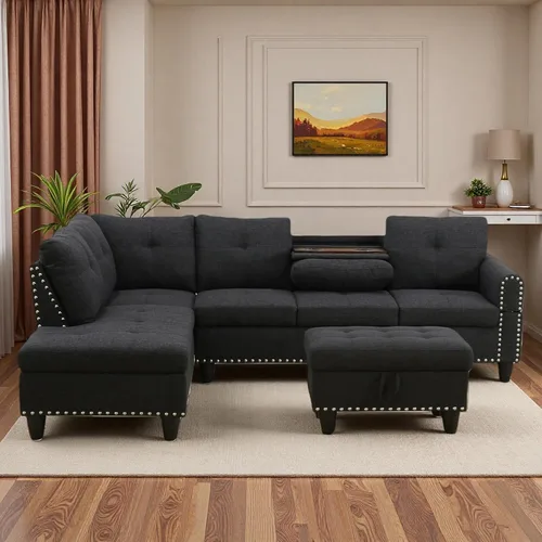 Miniatura 4 de Sofá seccional en forma de L con chaise móvil y otomana de almacenamiento, cómodo sofá modular convertible de 3 piezas para sala de estar