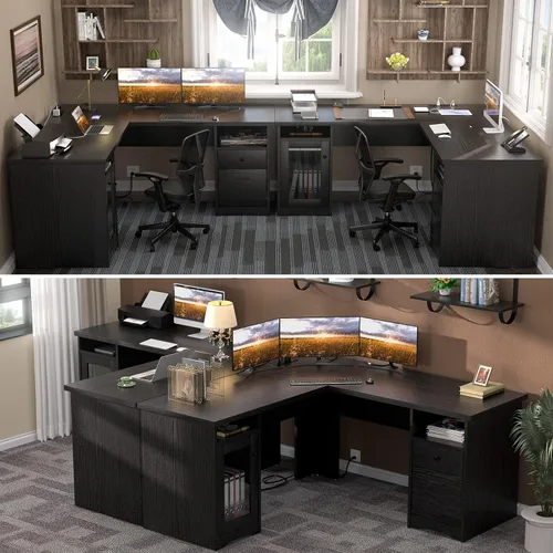 Miniatura 6 de Unikito Escritorio de oficina en forma de L con cajón, escritorio para computadora de 60 pulgadas con toma de corriente y puerto de carga USB, Negro