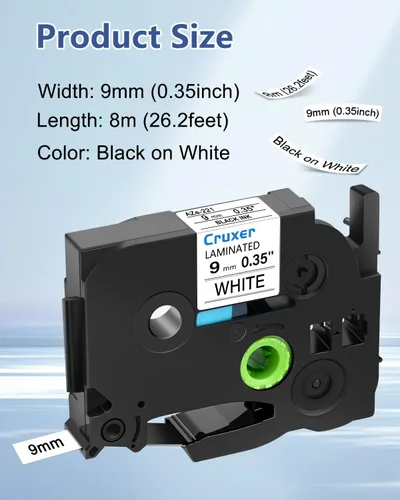 Miniatura 2 de Cruxer Paquete de 1 cinta de etiquetas de repuesto para P-Touch TZe-221 TZ-221, texto negro sobre blanco, laminado de 0.354 in, 0.35 pulgadas