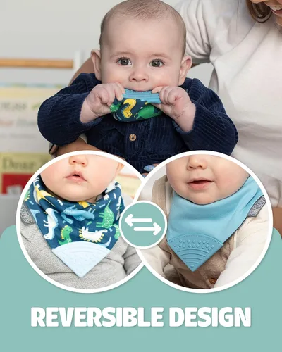 Miniatura 3 de Cheeky Chompers Neckerchew babero de dentición, babero estilo bandana 2 en 1 con mordedor de silicona de grado alimenticio Baby Dino