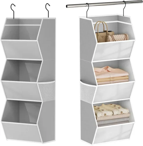 Miniatura 12 de Organizador colgante de armario de 4 estantes plegables para dormitorio, organizador de armario y almacenamiento colgante con bolsillos de malla