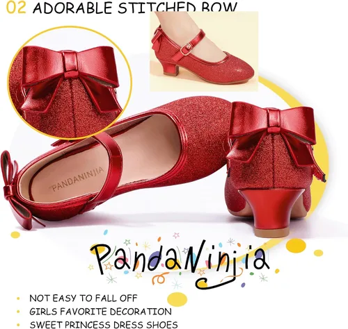 Miniatura 45 de PANDANINJIA Vestido de jada para niñas y niños pequeños, zapatos de princesa Mary Jane con tacones con lazo para fiesta, boda, boda