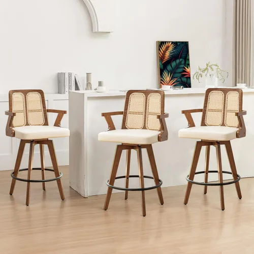 Miniatura 28 de Juego de 2 Taburetes de Mostrador - Taburetes Giratorios de 27 Pulgadas con Respaldo de Ratán, Brazos Curvos, Asiento Tapizado, Patas de Bambú Nogal