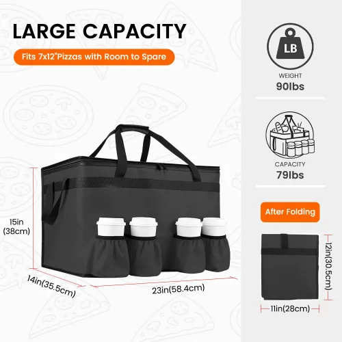 Miniatura 2 de Bolsa aislada para entrega de alimentos con 4 portavasos, bolsas de comestibles XXXL que mantienen los alimentos calientes/fríos, bolsas enfriadoras