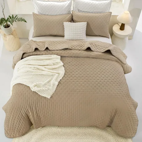 Miniatura 7 de Andency Juego de ropa de cama beige tamaño King (106 x 96 pulgadas), colcha de 3 piezas suave y ligera, colcha de verano bohemia tamaño King
