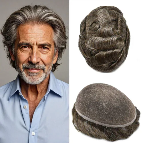 Miniatura 44 de Toupee - Sistema de reemplazo de piezas de cabello humano real, encaje suizo suave frontal para hombre, nudo blanqueado, línea capilar natural