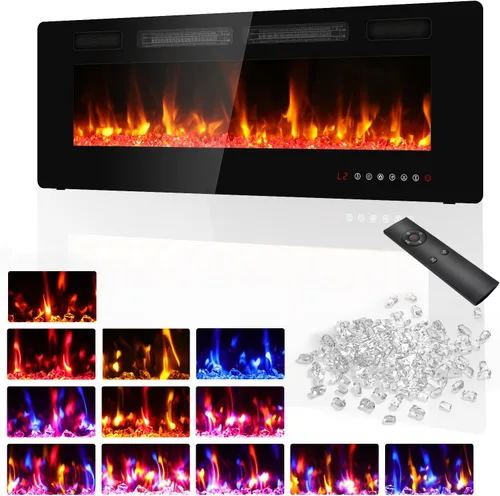 BREEZEHEAT Chimenea eléctrica ultrafina de 50 pulgadas, calentador de chimenea independiente o empotrado en la pared, control remoto, pantalla