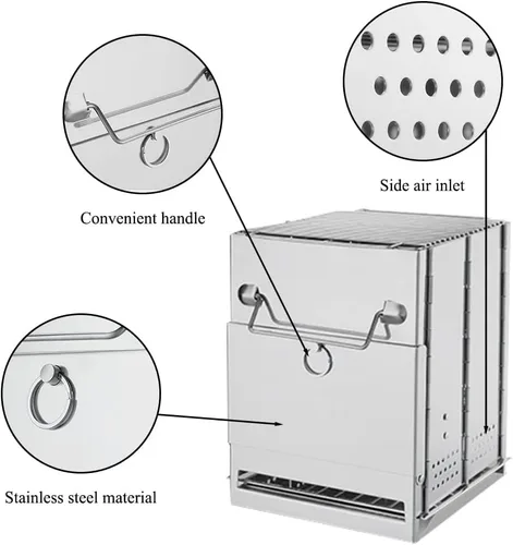 Miniatura 7 de Estufa de leña plegable para acampar con parrilla, estufa de campamento plegable para mochileros, estufa de supervivencia de acero inoxidable