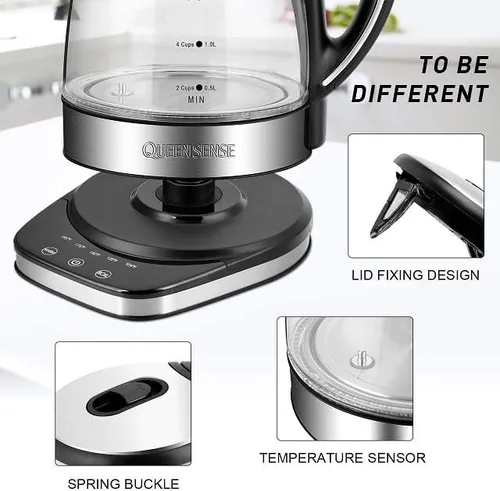 Miniatura 3 de QUEENSENSE - Teteras eléctricas de vidrio para agua caliente con luz LED azul de 1,7 L