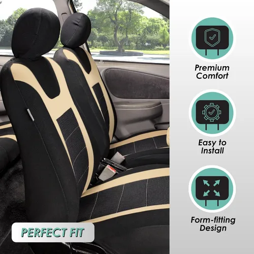 Miniatura 2 de FH Group Juego completo de fundas de asiento deportivo para automóvil, ajuste universal para autos, camiones y SUV (beige) FB070115 + F14407