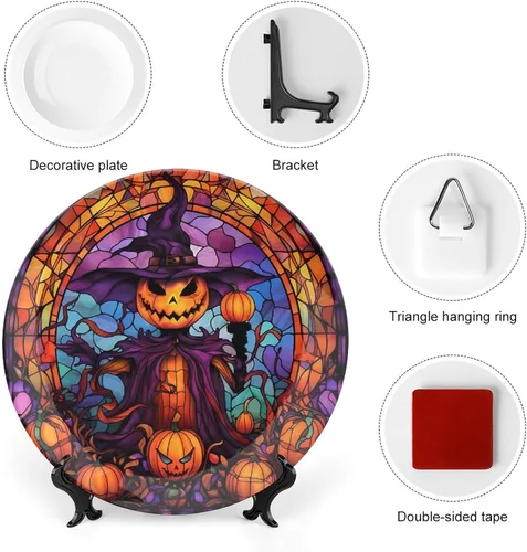 Miniatura 3 de Platos decorativos, diseño de espantapájaros de Halloween, placa de exhibición con diseño de vitrales para el hogar, oficina, cocina, decoración