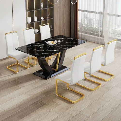 Miniatura 7 de Juego de mesa de comedor de 71 pulgadas para 8, juego de mesa de comedor de mármol sintético negro para 8, juego de mesa de cocina rectangular