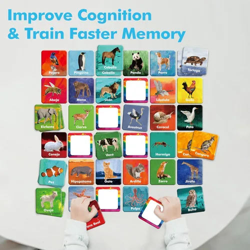 Miniatura 6 de Hebayy Juego de 36 pares de animales a juego, 72 tarjetas didácticas en español, 36 diseños, tarjetas de memoria, juguetes educativos de aprendizaje
