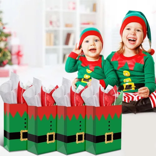 Miniatura 6 de Blulu 16 piezas de bolsas de regalo de papel para Navidad, elfos de Navidad con impresión de traje de elfo, bolsas de fiesta de Navidad con asa